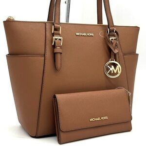 Michael Kors Large Charlotte TZ Tote Bag & Matching Trifold Wallet Luggage Brown